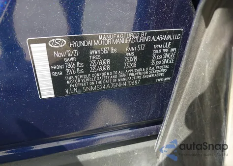 2022 Hyundai Santa Fe Sel из США, поврежденный, VIN 5NMS24AJ5NH410687